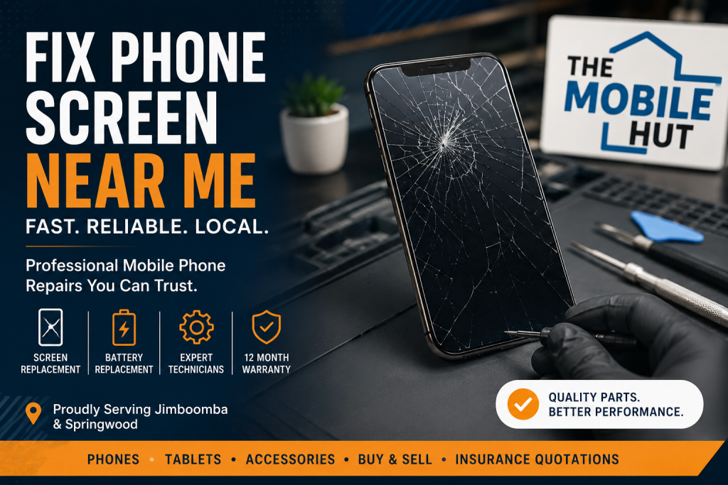 Mobile phone screen repair service banner showing a cracked smartphone, repair tools and The Mobile Hut branding for local phone repairs.