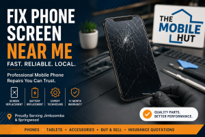 Mobile phone screen repair service banner showing a cracked smartphone, repair tools and The Mobile Hut branding for local phone repairs.