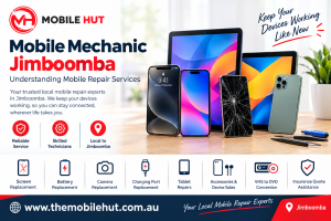 Mobile Hut promotional graphic for local phone repair in Jimboomba, featuring smartphones, tablets and the Mobile Hut logo.