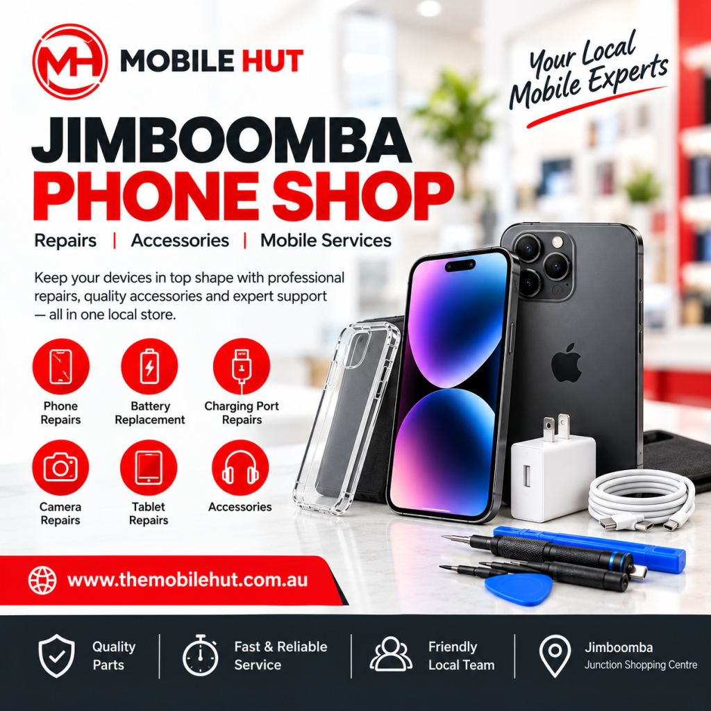 The Mobile Hut Jimboomba phone shop graphic showing smartphones, accessories and repair services at Jimboomba Junction Shopping Centre.