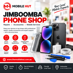 The Mobile Hut Jimboomba phone shop graphic showing smartphones, accessories and repair services at Jimboomba Junction Shopping Centre.